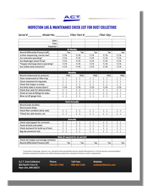 Inspection Log & Dust Collector Maintenance Checklist A.C.T.